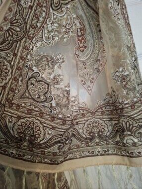 Stunning Beige Paisley Sheer Fringe Scarf With A Touch Of Sparkle